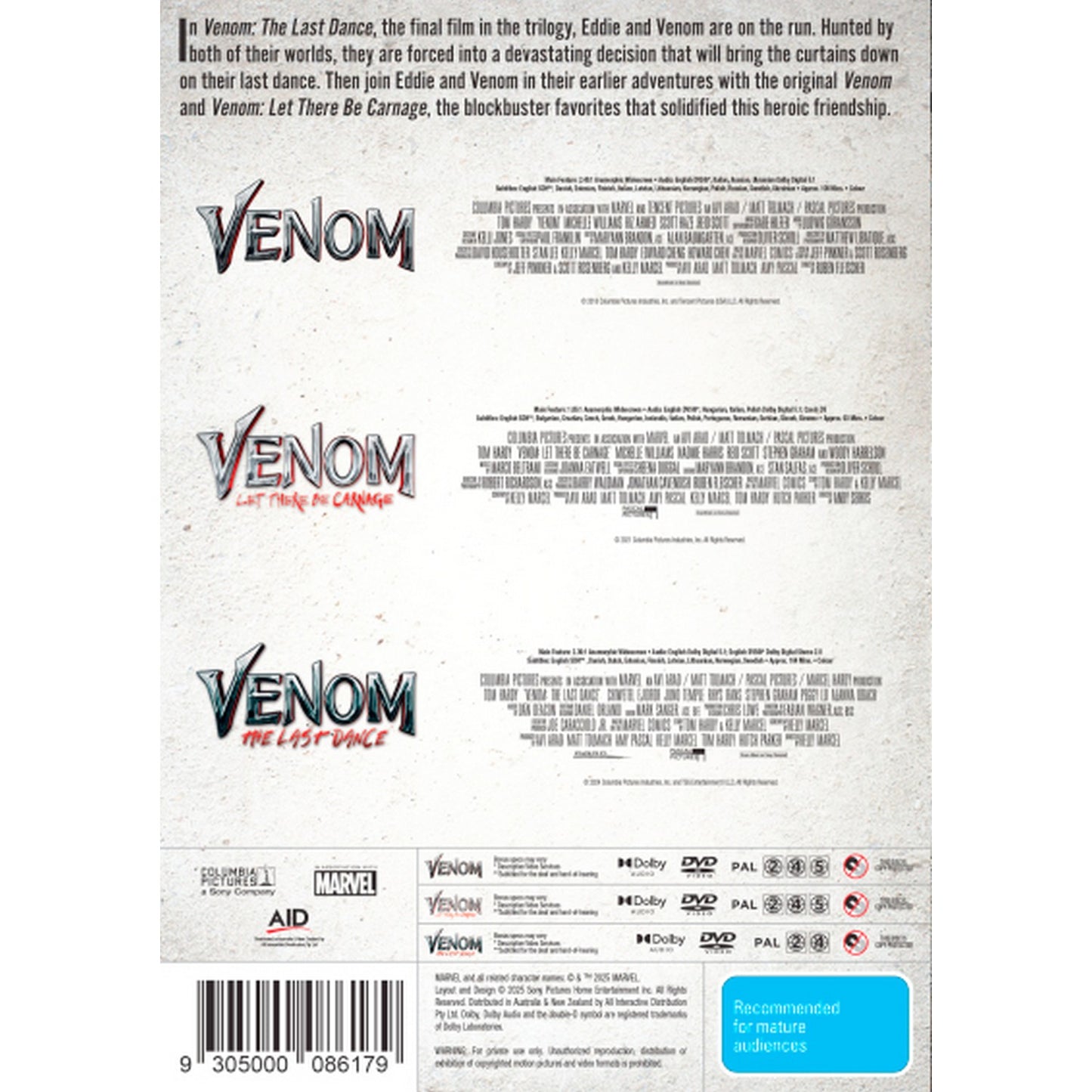 Venom: 3-Movie Collection (Venom / Venom: Let There Be Carnage / Venom: The Last Dance) DVD Box Set