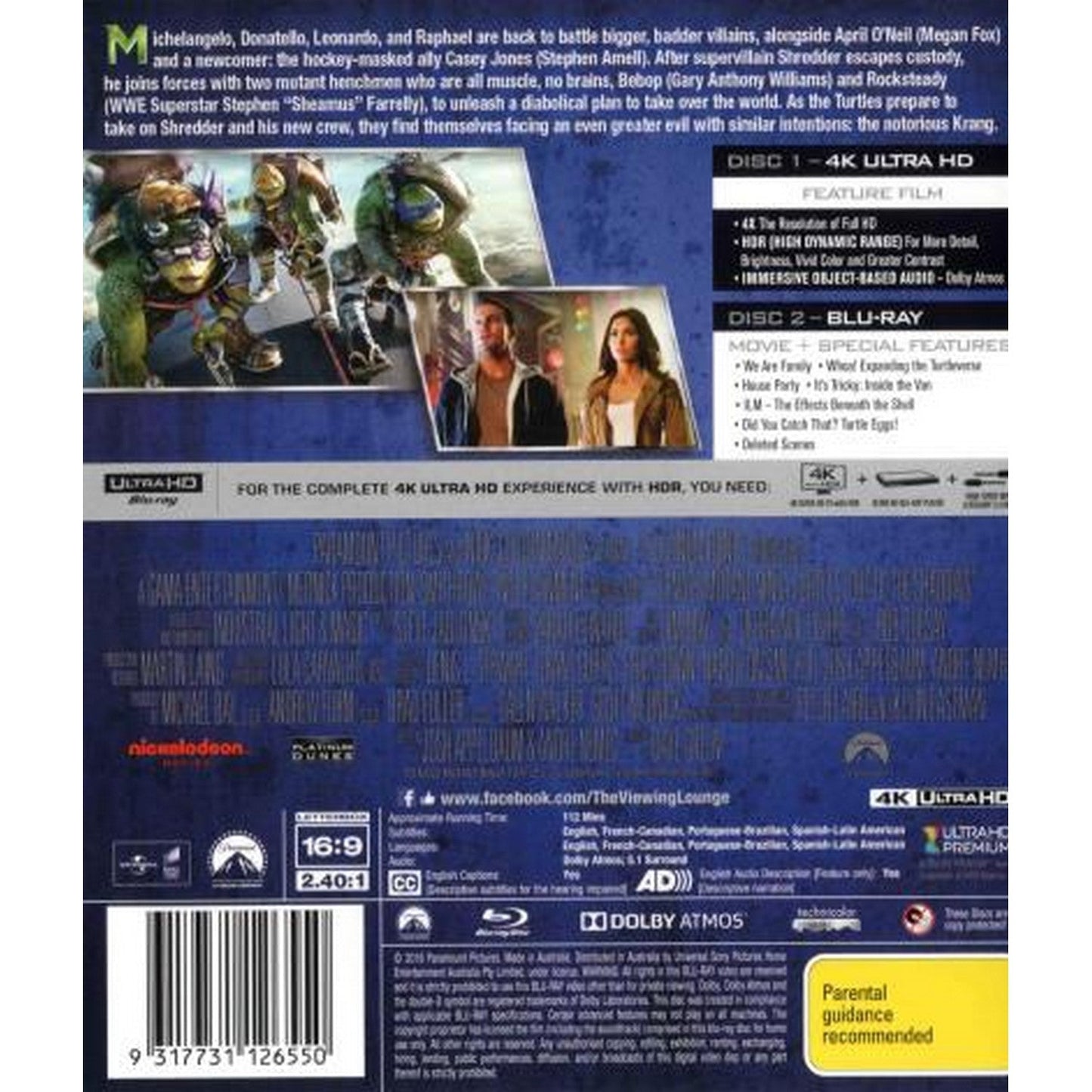 Teenage Mutant Ninja Turtles: Out of the Shadows 4K UltraHD + Blu-Ray