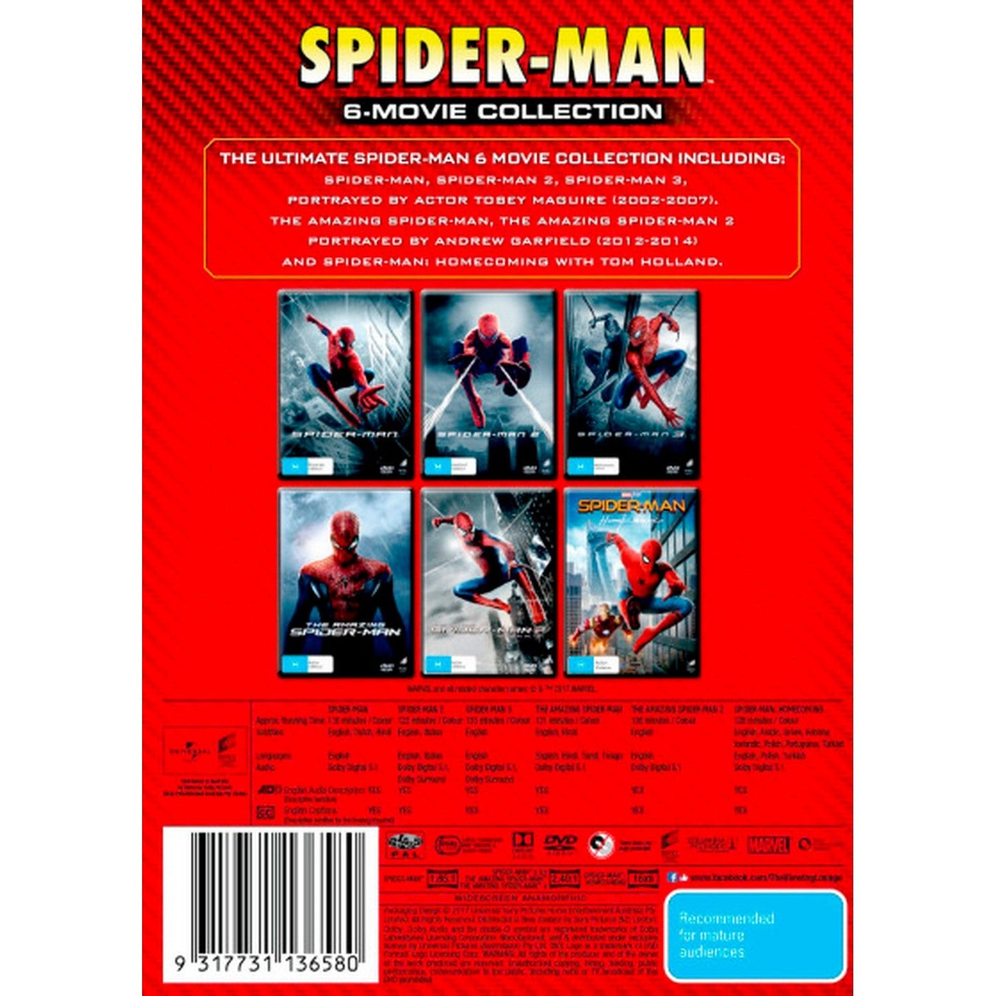 Spider-Man Collection (Spider-Man/Spider-Man 2/Spider-Man 3/Amazing Spider-Man/Amazing Spider-Man 2/Spider-Man: Homecoming) DVD Box Set