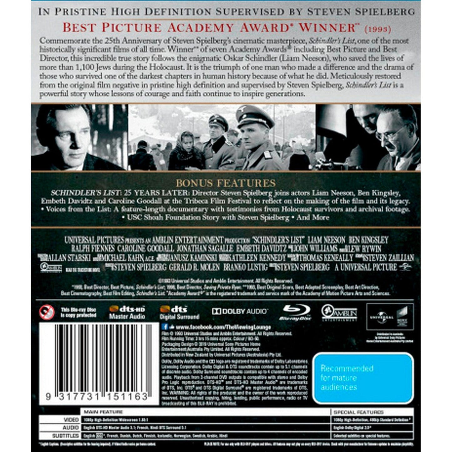 Schindler's List (25th Anniversary Edition) (Blu-ray/Bonus Disc) Blu-Ray