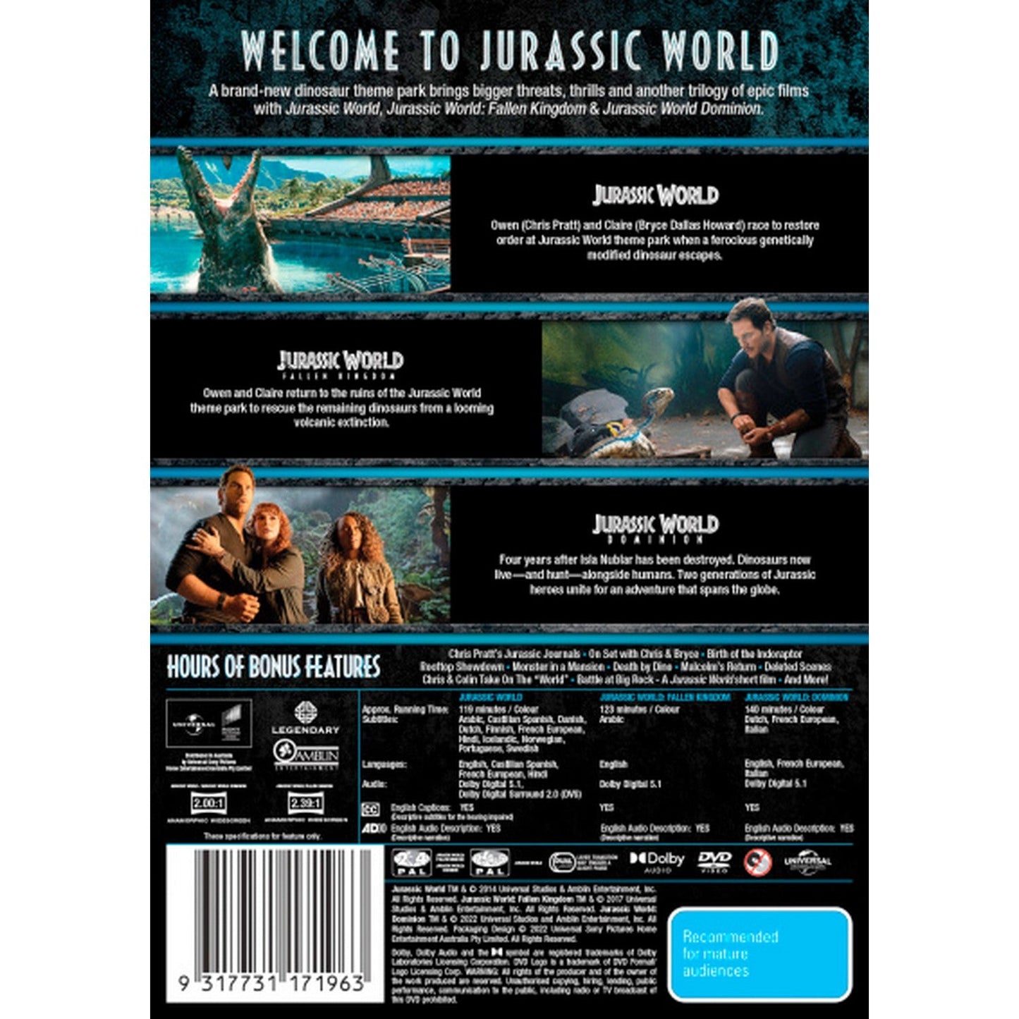 Jurassic World Trilogy: Jurassic World / Jurassic World: Fallen Kingdom / Jurassic World: Dominion DVD Box Set