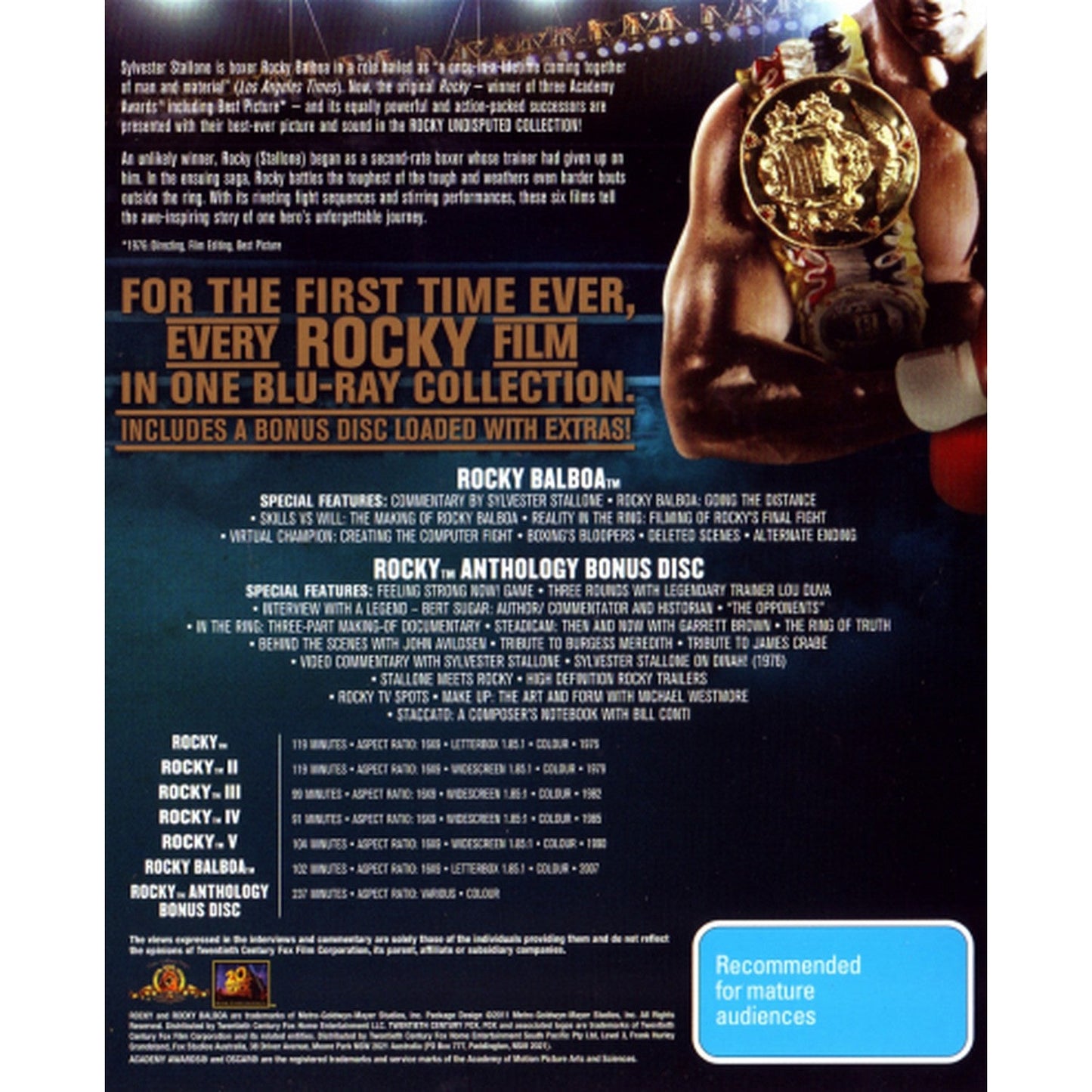 Rocky: The Undisputed Collection (Rocky / Rocky II / Rocky III / Rocky IV / Rocky V / Rocky Balboa / Rocky Anthology Bonus Disc) Blu-Ray Box Set