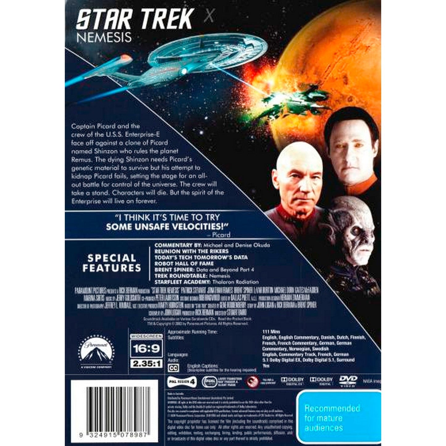 Star Trek X: Nemesis - The Feature Film DVD