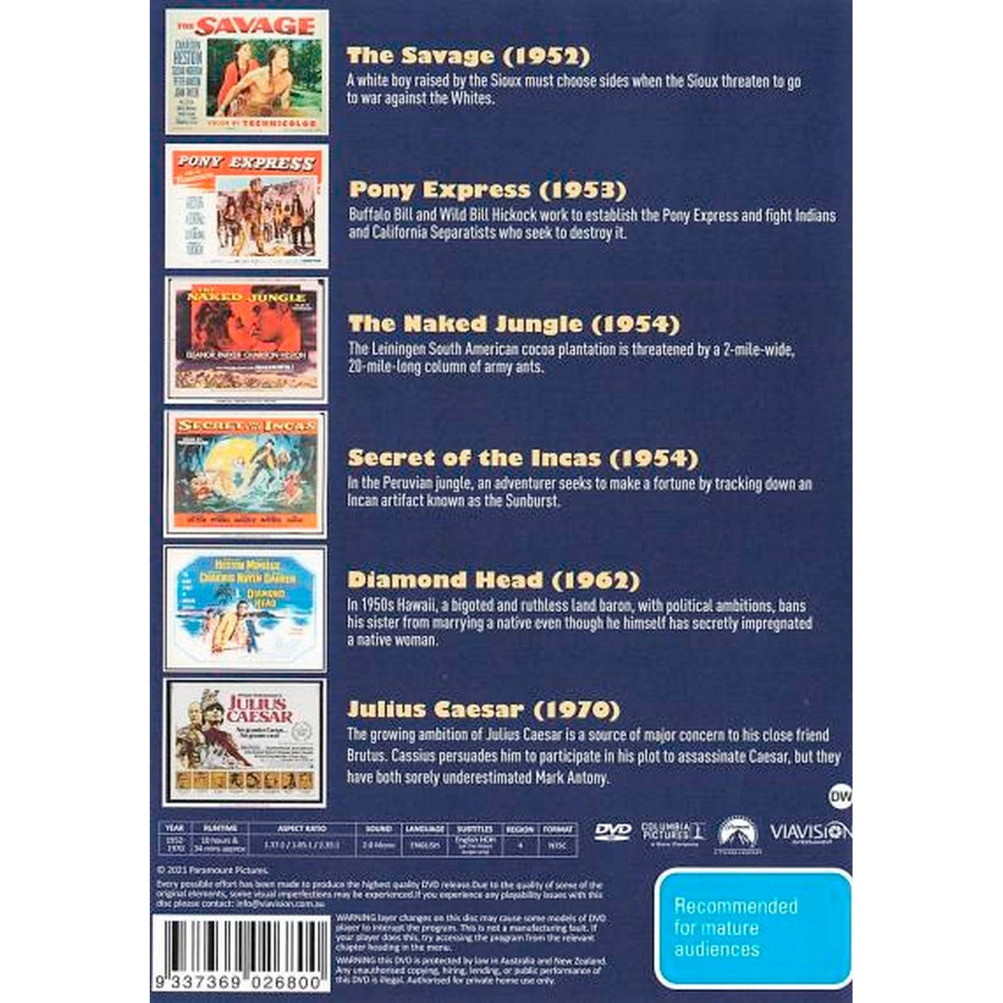 The Films of Charlton Heston: (The Savage/Pony Express/The Naked Jungle/Secret of the Incas/Diamond Head/Julius Caesar) DVD